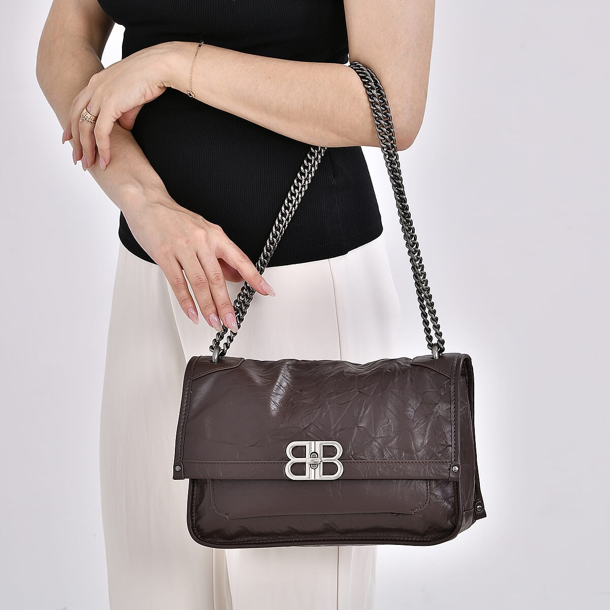 Coffee Genuine Leather Shoulder Bag (10.8"x3.9"x7") with Long Chain Strap and Leather Strap image number 2