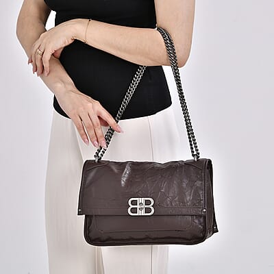 Italy Retro Noble Collection Coffee Genuine Leather Shoulder Bag with Long Chain Strap and Leather Strap