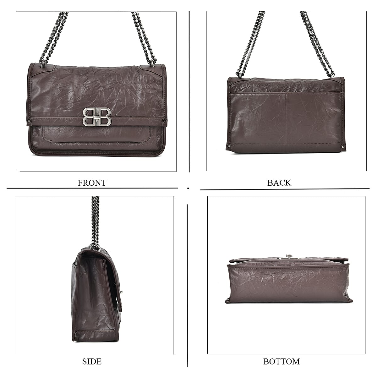 Coffee Genuine Leather Shoulder Bag (10.8"x3.9"x7") with Long Chain Strap and Leather Strap image number 3