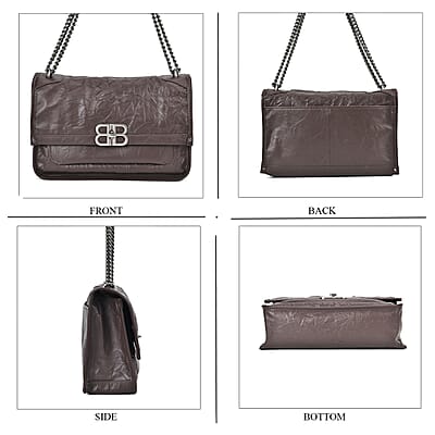 Italy Retro Noble Collection Coffee Genuine Leather Shoulder Bag with Long Chain Strap and Leather Strap