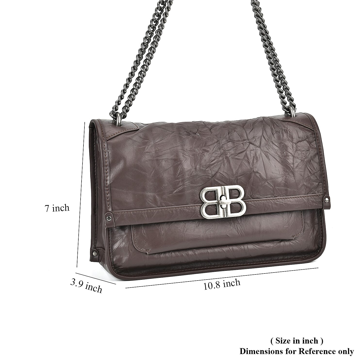 Italy Retro Noble Collection Coffee Genuine Leather Shoulder Bag with Long Chain Strap and Leather Strap