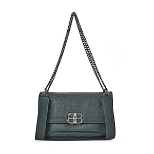 Italy Retro Noble Collection Green Genuine Leather Shoulder Bag with Long Chain Strap and Leather Strap
