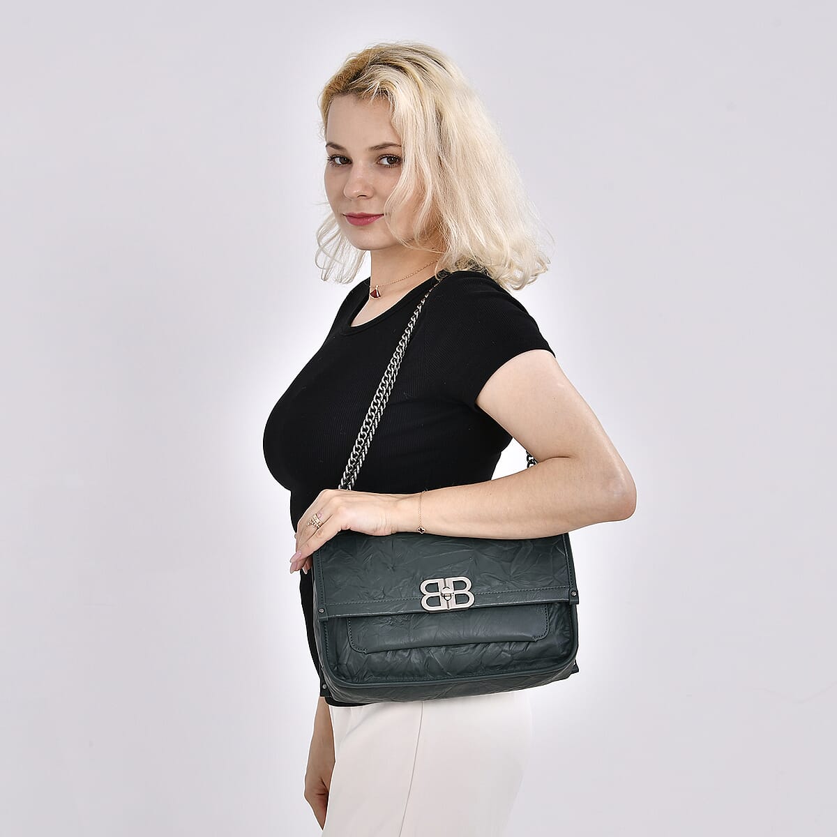 Italy Retro Noble Collection Green Genuine Leather Shoulder Bag with Long Chain Strap and Leather Strap image number 1