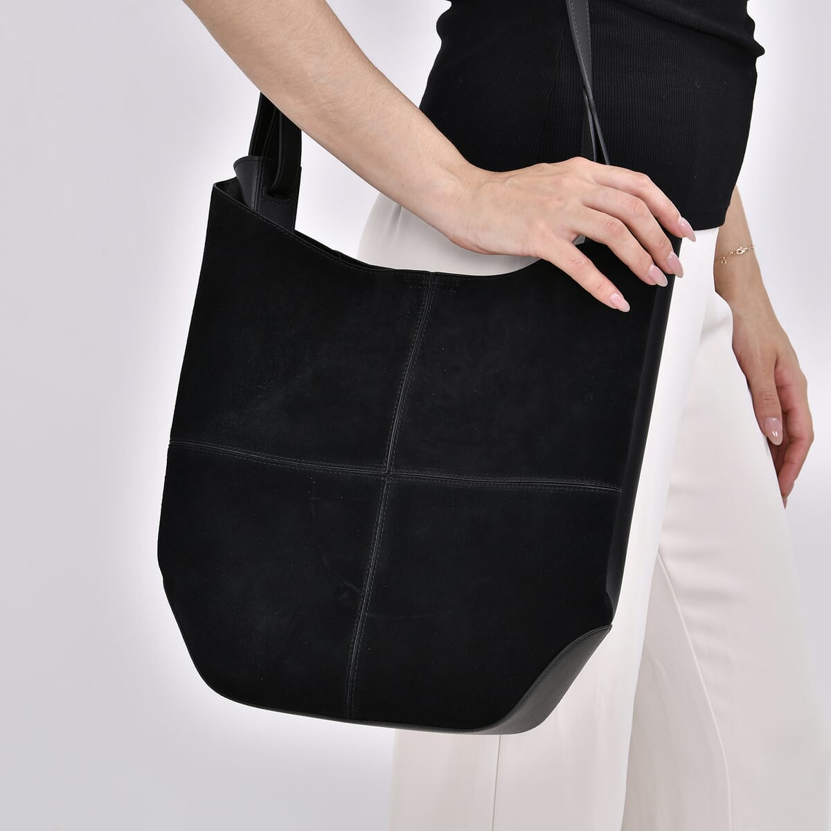 Italy Retro Noble Collection Black Genuine Leather Hobo Shoulder Bag with Shoulder Strap image number 2