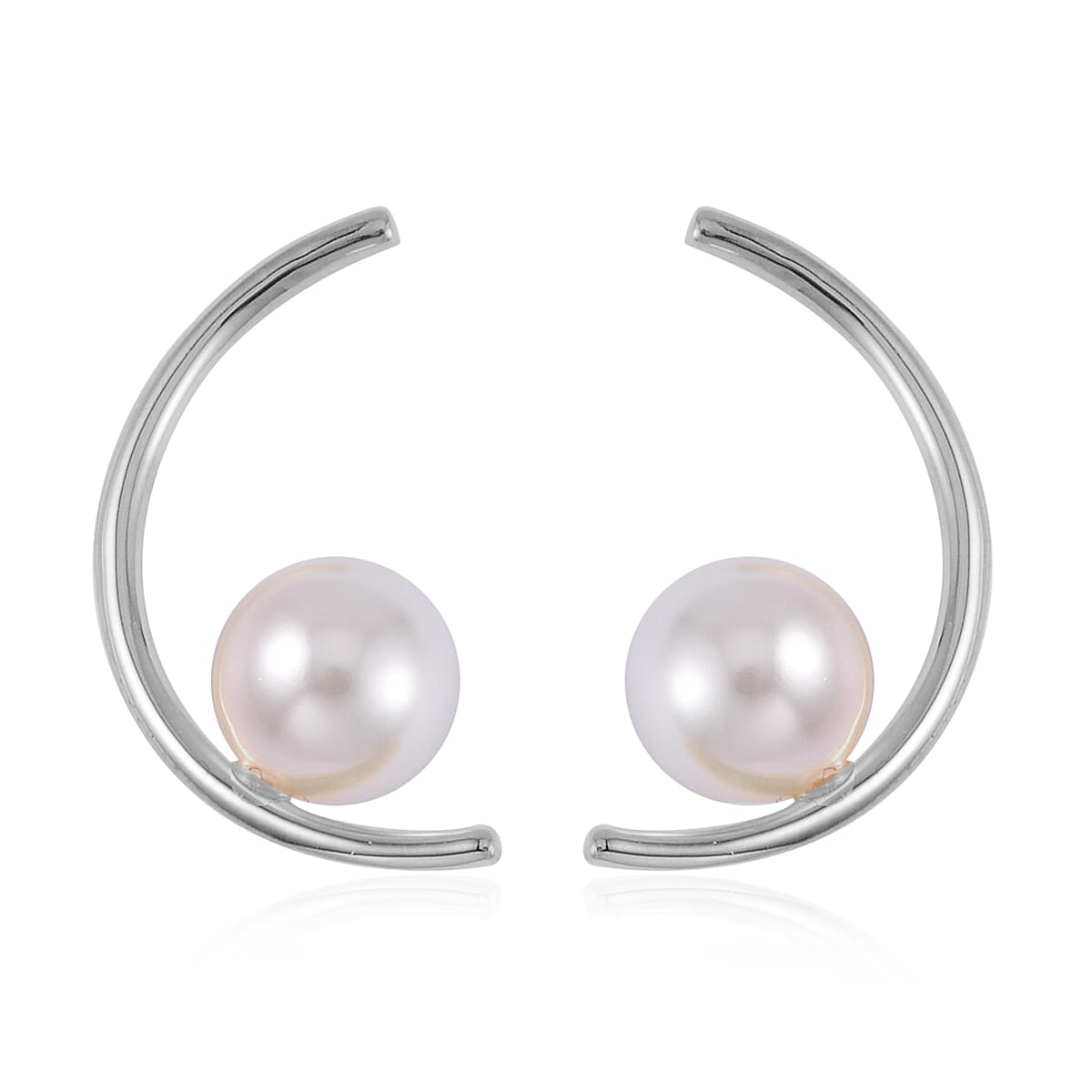 White Shell Pearl Crescent Moon Earrings in Rhodium Over Sterling Silver