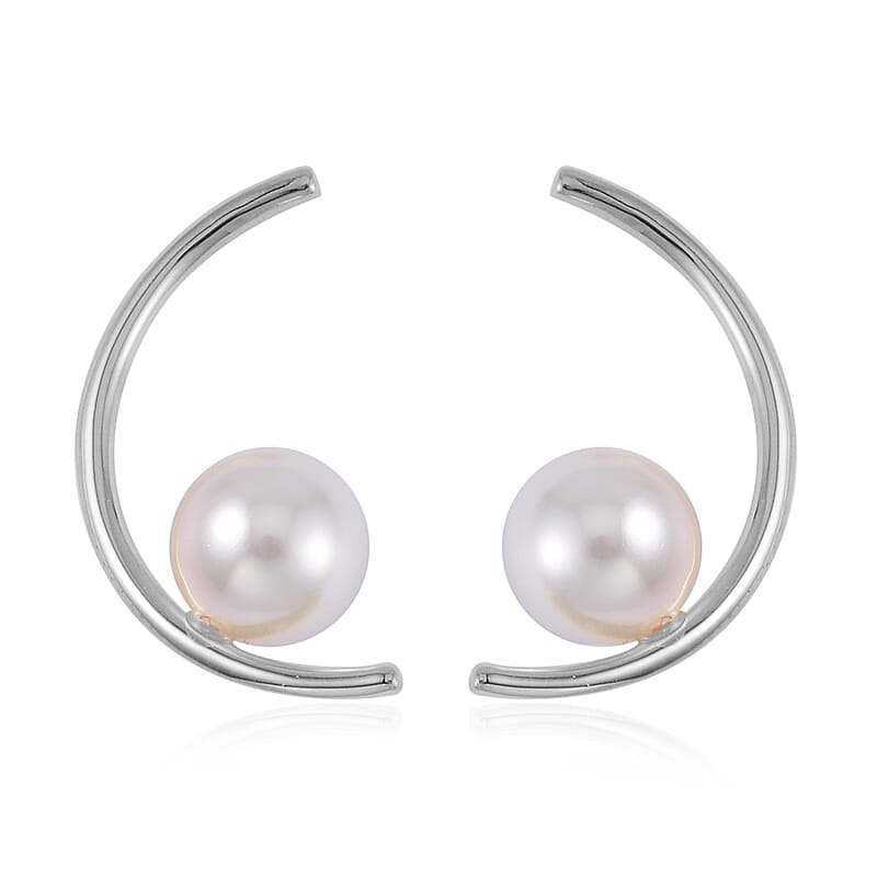 White Shell Pearl Crescent Moon Earrings in Rhodium Over Sterling Silver