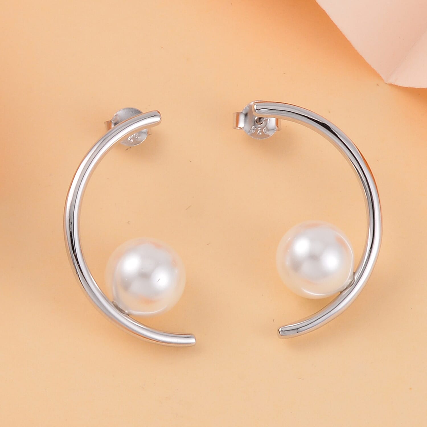 White Shell Pearl Crescent Moon Earrings in Rhodium Over Sterling Silver