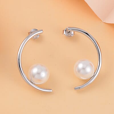 White Shell Pearl Crescent Moon Earrings in Rhodium Over Sterling Silver
