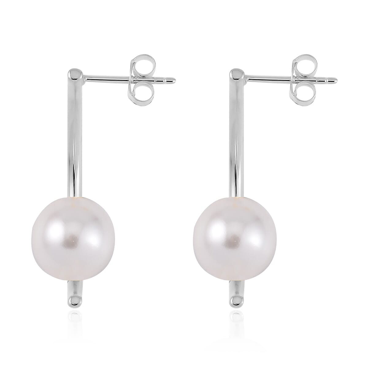 White Shell Pearl Crescent Moon Earrings in Rhodium Over Sterling Silver