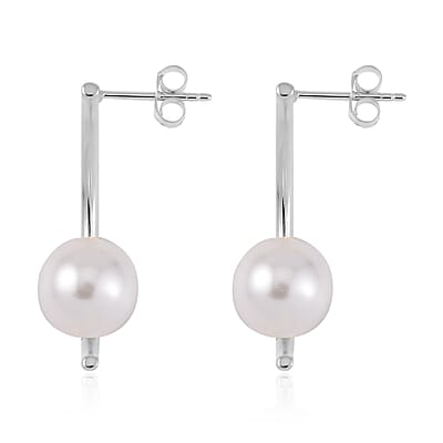 White Shell Pearl Crescent Moon Earrings in Rhodium Over Sterling Silver