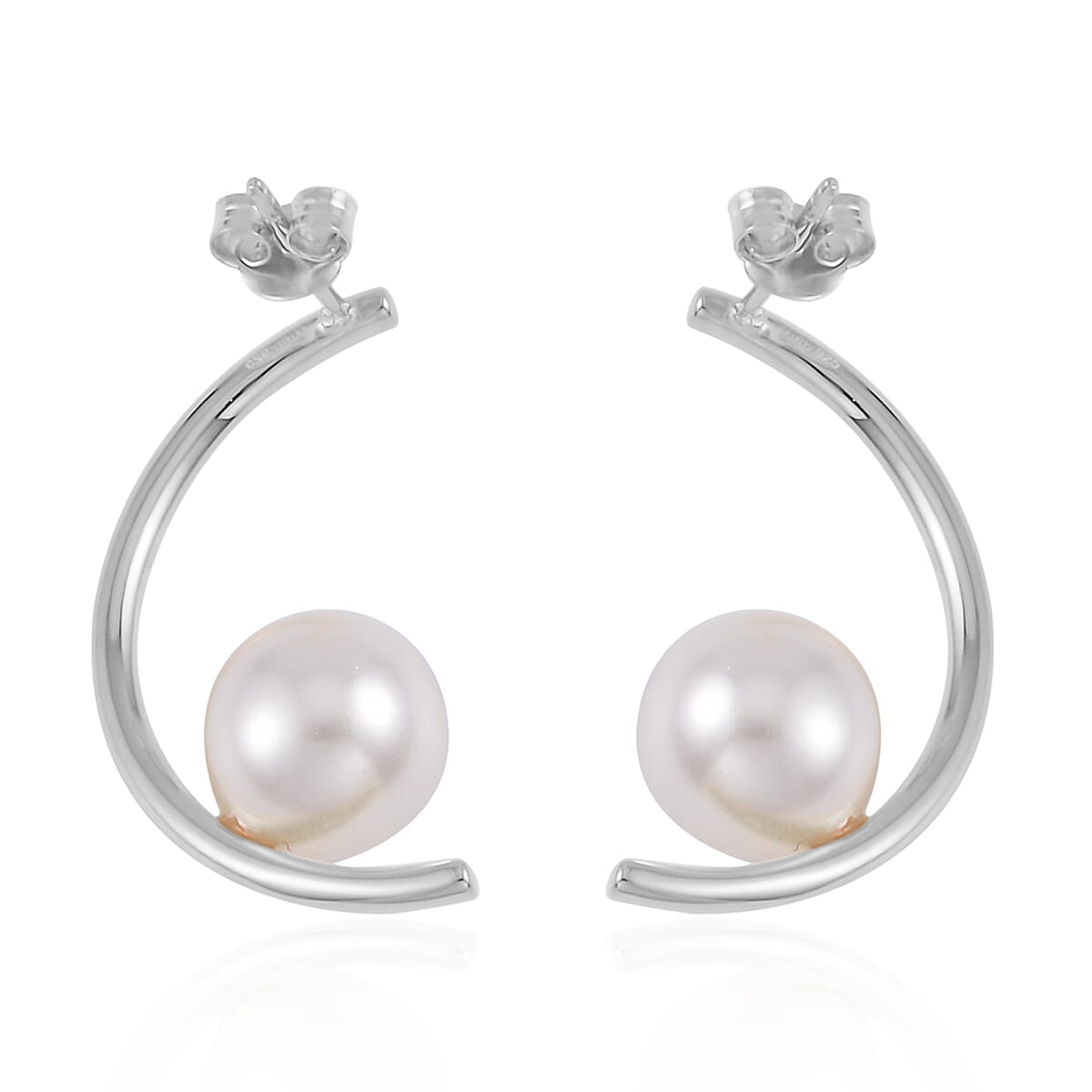 White Shell Pearl Crescent Moon Earrings in Rhodium Over Sterling Silver