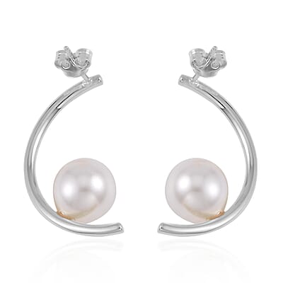 White Shell Pearl Crescent Moon Earrings in Rhodium Over Sterling Silver