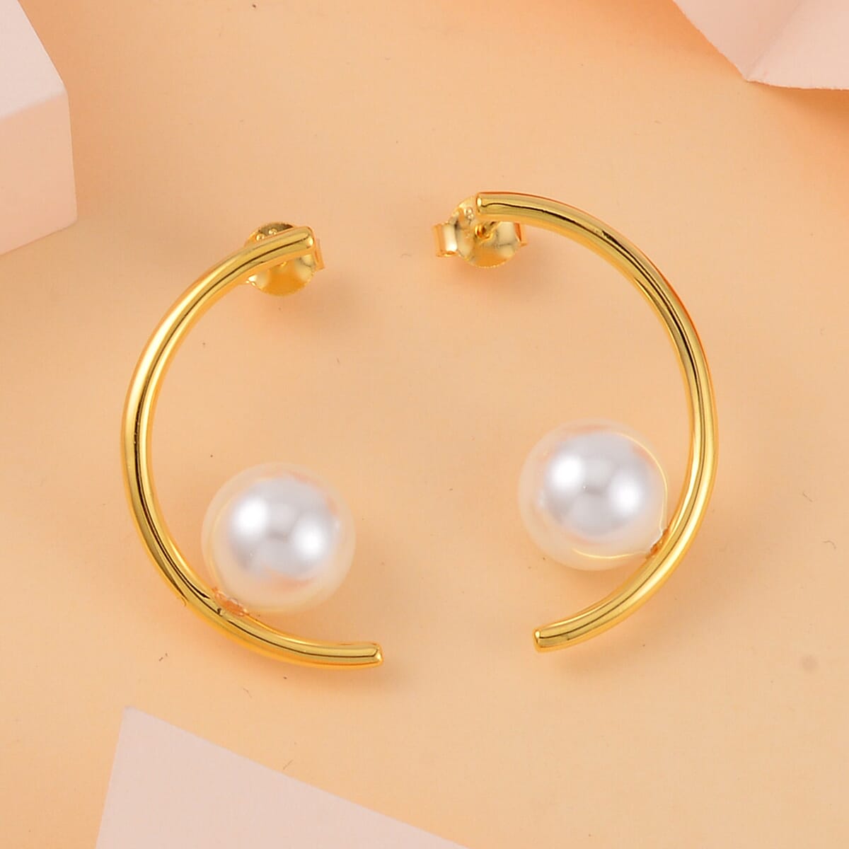 White Shell Pearl Crescent Moon Earrings in 14K Yellow Gold Over Sterling Silver image number 1
