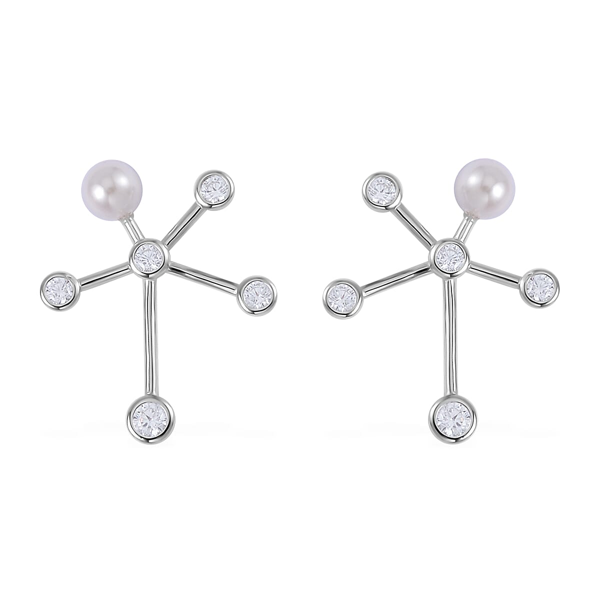 White Shell Pearl and Simulated Diamond Starburst Bubble Earrings in Rhodium Over Sterling Silver 1.35 ctw