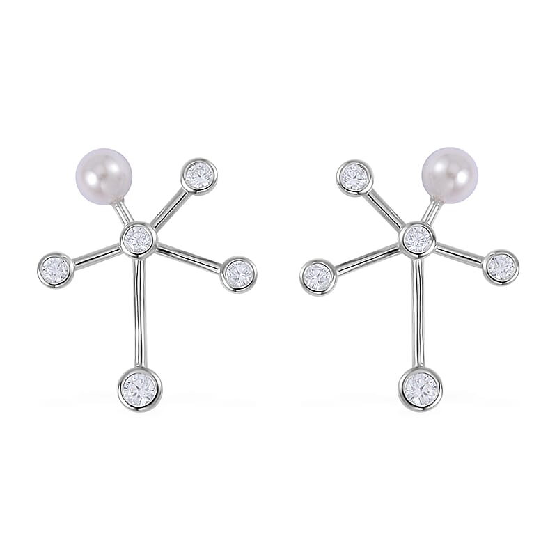 White Shell Pearl and Simulated Diamond Starburst Bubble Earrings in Rhodium Over Sterling Silver 1.35 ctw
