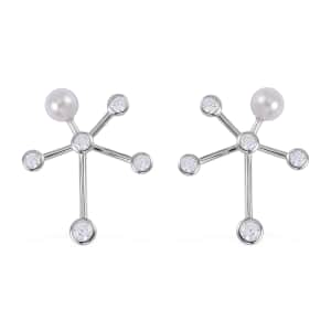 Mother’s Day Gift White Shell Pearl and Simulated Diamond Starburst Bubble Earrings in Rhodium Over Sterling Silver 1.35 ctw