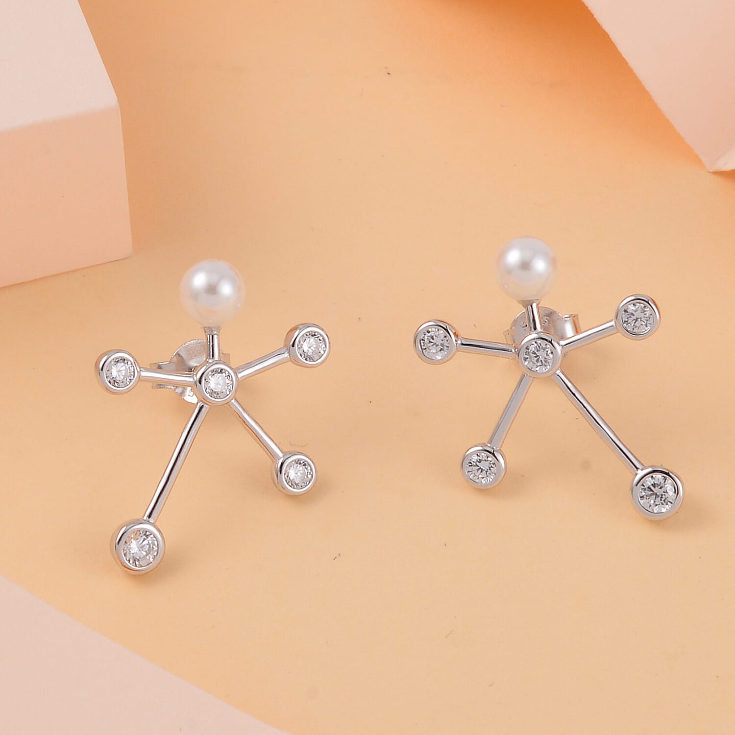 White Shell Pearl and Simulated Diamond Starburst Bubble Earrings in Rhodium Over Sterling Silver 1.35 ctw