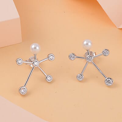 White Shell Pearl and Simulated Diamond Starburst Bubble Earrings in Rhodium Over Sterling Silver 1.35 ctw
