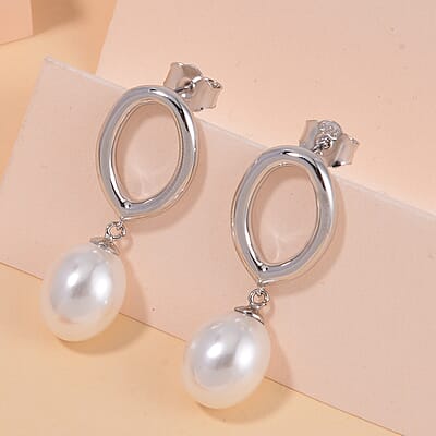 White Shell Pearl Drop Earrings in Rhodium Over Sterling Silver