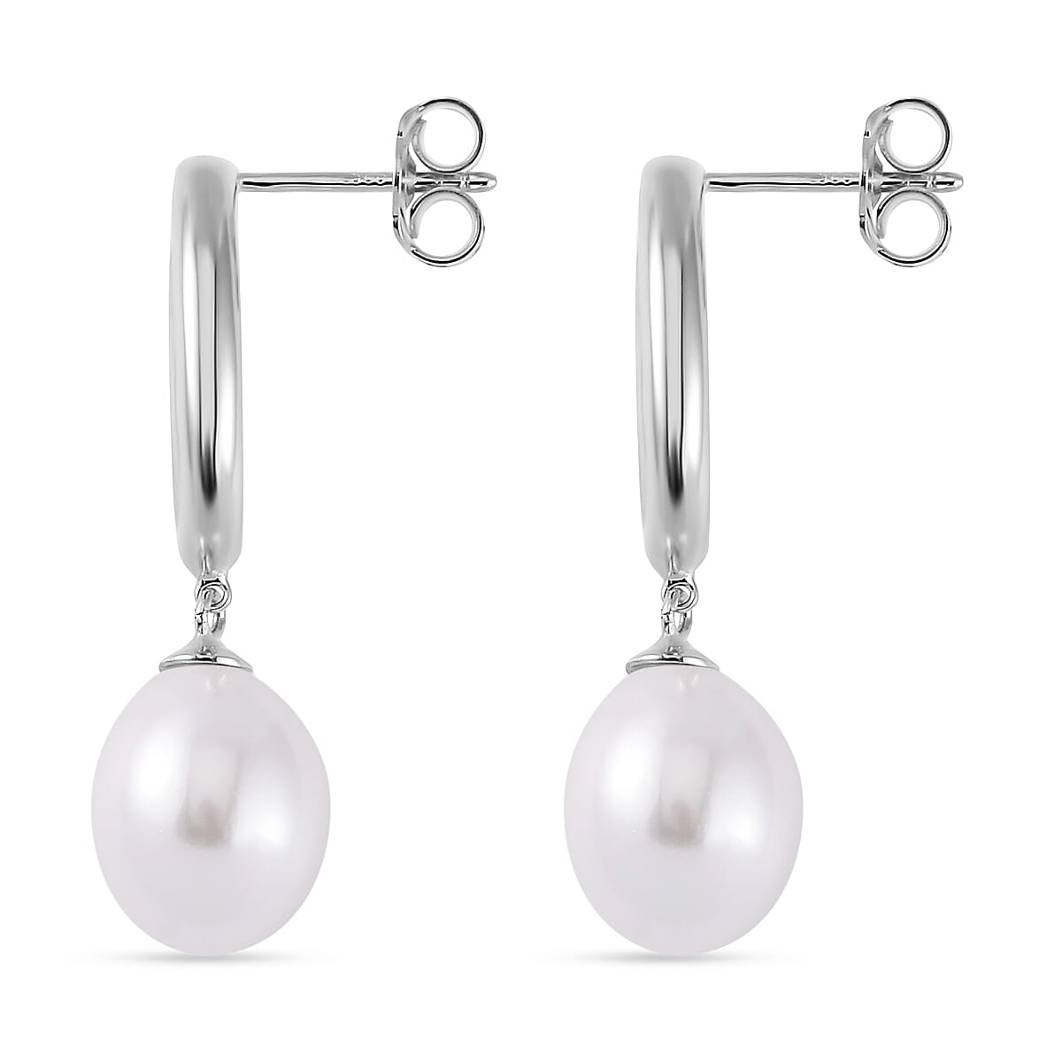 White Shell Pearl Drop Earrings in Rhodium Over Sterling Silver