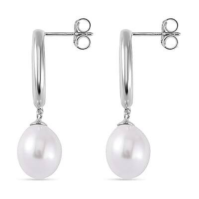 White Shell Pearl Drop Earrings in Rhodium Over Sterling Silver