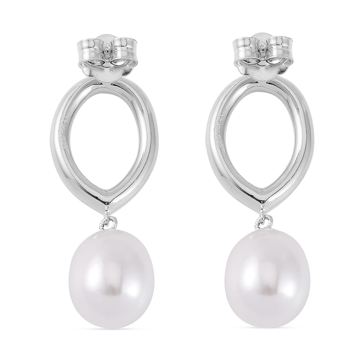 White Shell Pearl Drop Earrings in Rhodium Over Sterling Silver