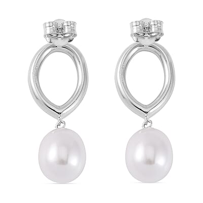 White Shell Pearl Drop Earrings in Rhodium Over Sterling Silver