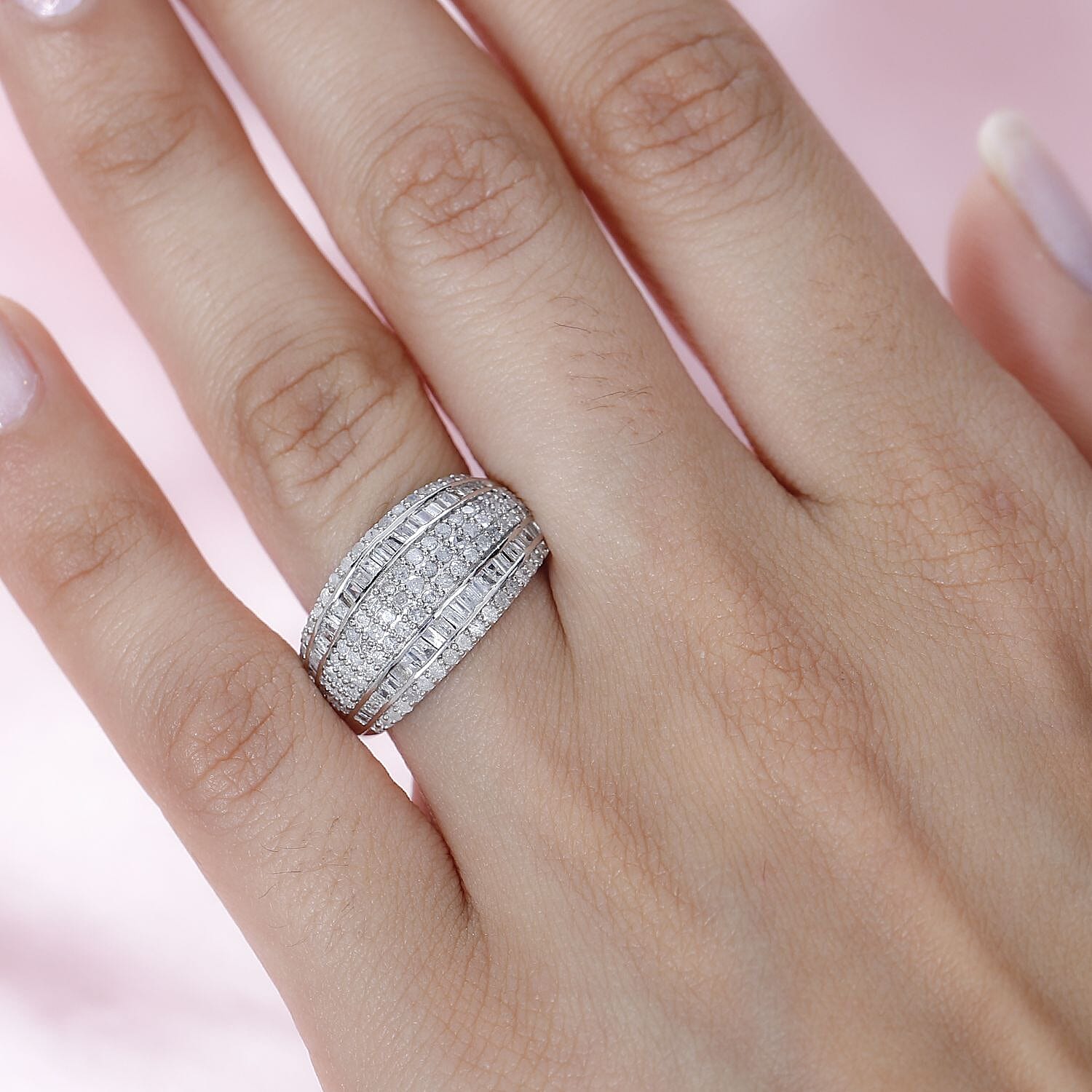 Diamond Multi Row Ring in Platinum Over Sterling Silver (Size 10.0) 1.00 ctw