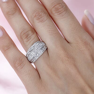 Diamond Multi Row Ring in Platinum Over Sterling Silver (Size 10.0) 1.00 ctw