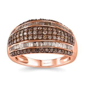 Natural Champagne Diamond Multi Row Ring in Vermeil Rose Gold Over Sterling Silver (Size 6.0) 1.00 ctw