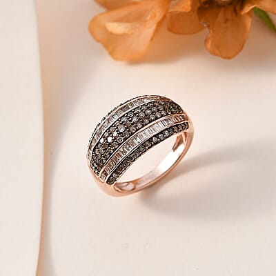 Natural Champagne Diamond Multi Row Ring in Vermeil Rose Gold Over Sterling Silver (Size 6.0) 1.00 ctw