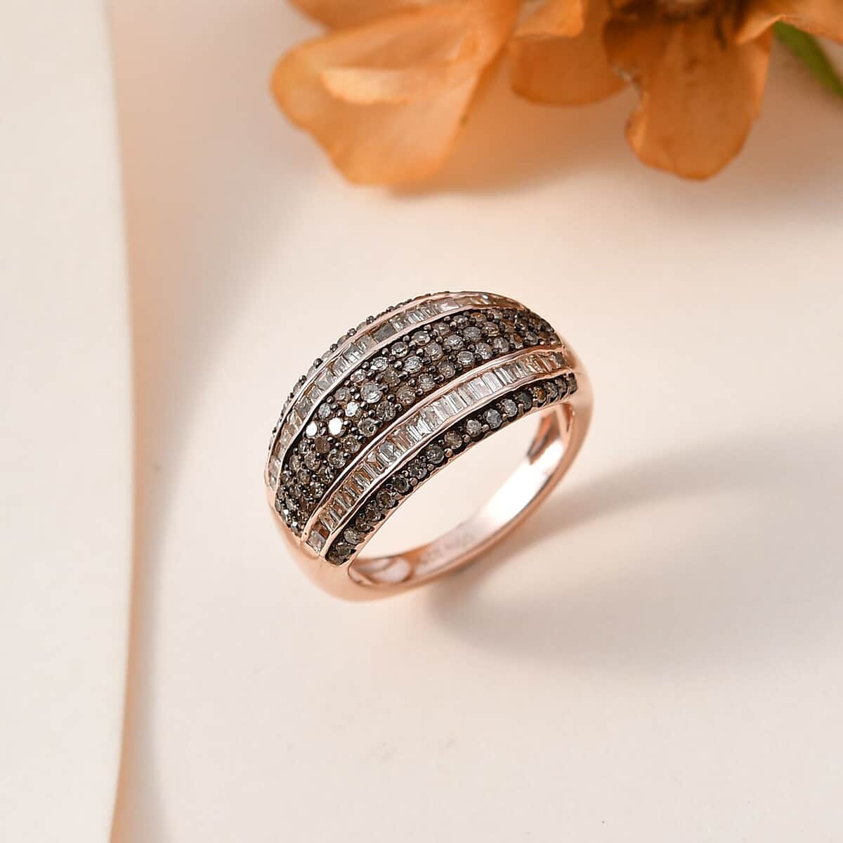 Natural Champagne Diamond Multi Row Ring in Vermeil Rose Gold Over Sterling Silver (Size 6.0) 1.00 ctw image number 1