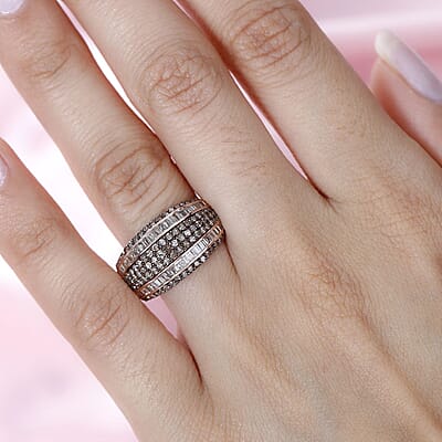 Natural Champagne Diamond Multi Row Ring in Vermeil Rose Gold Over Sterling Silver (Size 6.0) 1.00 ctw