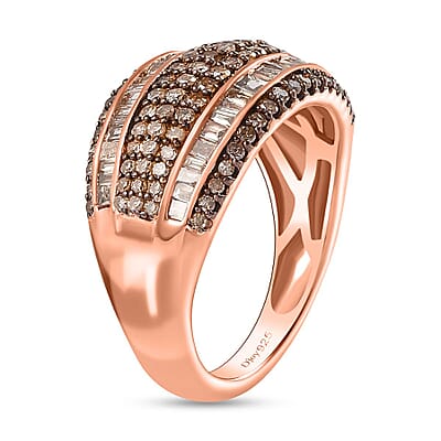 Natural Champagne Diamond Multi Row Ring in Vermeil Rose Gold Over Sterling Silver (Size 6.0) 1.00 ctw