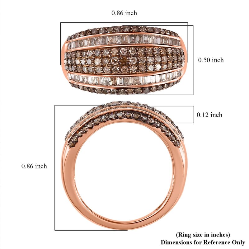 Natural Champagne Diamond Multi Row Ring in Vermeil Rose Gold Over Sterling Silver (Size 6.0) 1.00 ctw