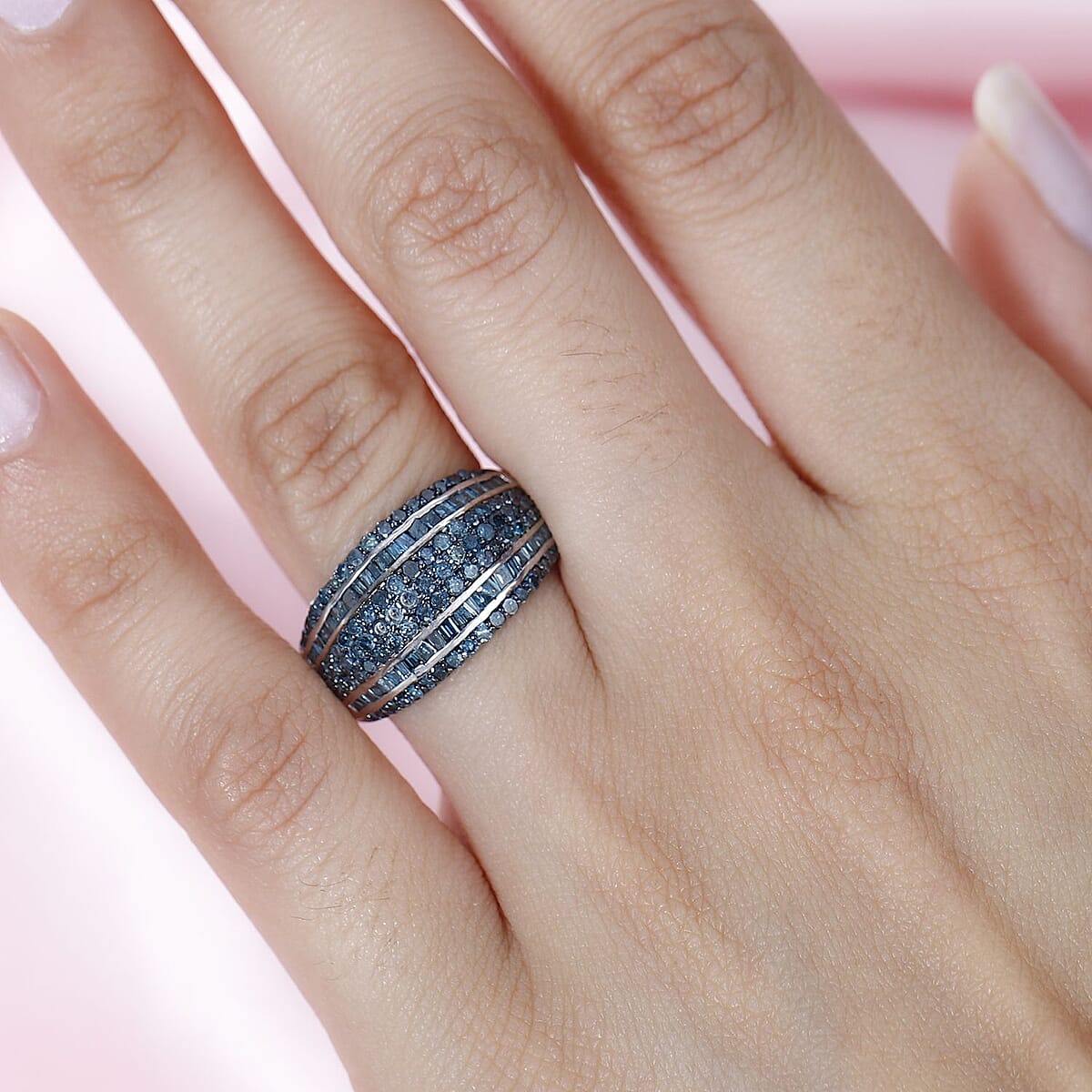 Blue Diamond Multi Row Ring in Platinum Over Sterling Silver (Size 7.0) 1.00 ctw image number 2