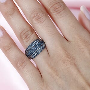 Blue Diamond Multi Row Ring in Platinum Over Sterling Silver (Size 7.0) 1.00 ctw