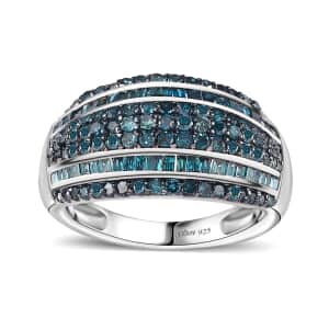 Blue Diamond Multi Row Ring in Platinum Over Sterling Silver (Size 8.0) 1.00 ctw