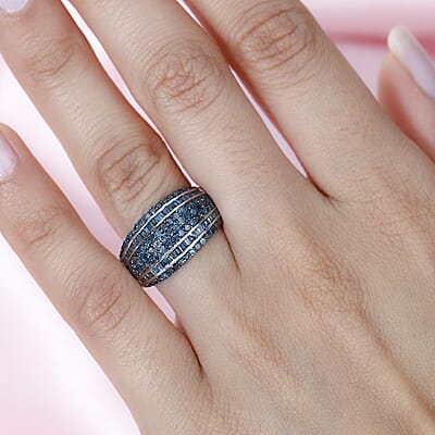Blue Diamond Multi Row Ring in Platinum Over Sterling Silver (Size 8.0) 1.00 ctw