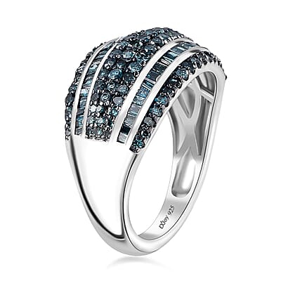 Blue Diamond Multi Row Ring in Platinum Over Sterling Silver (Size 8.0) 1.00 ctw