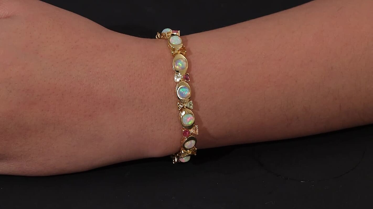 Ethiopian Welo Opal and Multi-Tourmaline 8.96 ctw Fancy Bracelet in Vermeil Yellow Gold Over Sterling Silver (7.5 In) (14.66 g)
