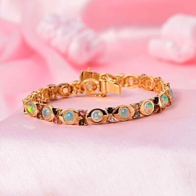 Ethiopian Welo Opal and Multi-Tourmaline 8.96 ctw Fancy Bracelet in Vermeil Yellow Gold Over Sterling Silver (7.5 In) (14.66 g)