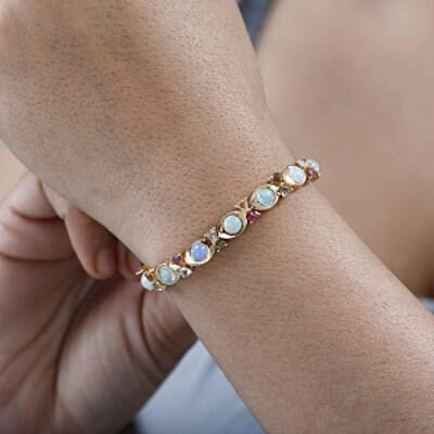 Ethiopian Welo Opal and Multi-Tourmaline 8.96 ctw Fancy Bracelet in Vermeil Yellow Gold Over Sterling Silver (7.5 In) (14.66 g)