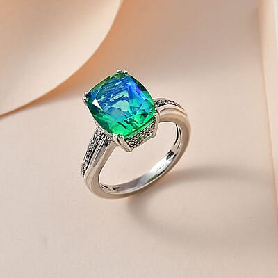 Peacock Quartz (Triplet) and White Zircon 5.34 ctw Ring in Platinum Over Sterling Silver (Size 10.0)