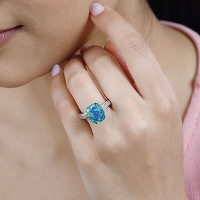 Peacock Quartz (Triplet) and White Zircon 5.34 ctw Ring in Platinum Over Sterling Silver (Size 10.0)