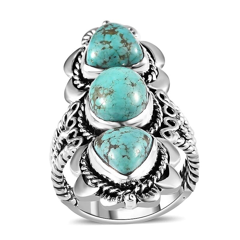 Artisan Crafted Sierra Nevada Turquoise 3 Stone Ring in Sterling Silver (Size 10.0) 7.10 ctw