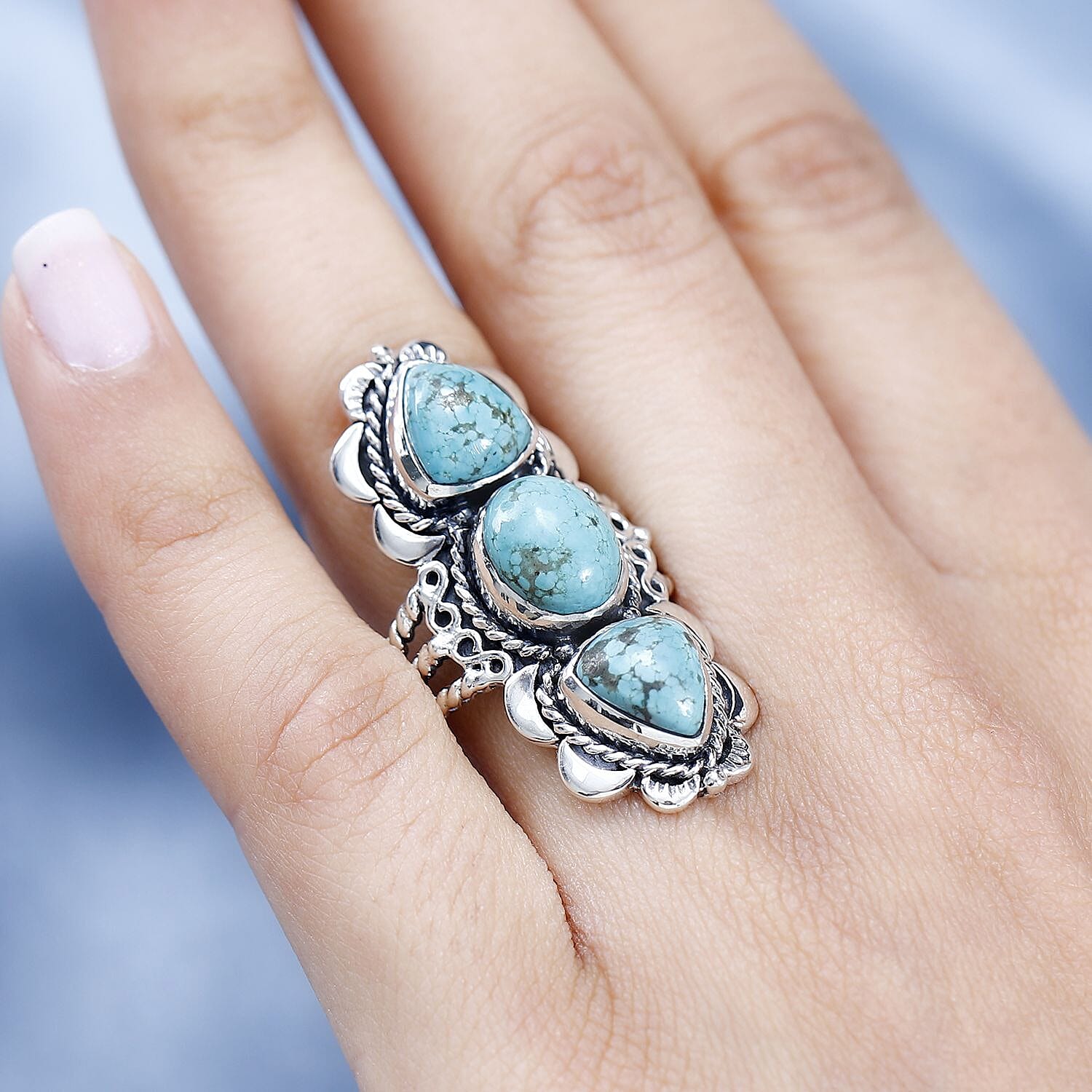 Artisan Crafted Sierra Nevada Turquoise 3 Stone Ring in Sterling Silver (Size 10.0) 7.10 ctw