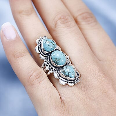 Artisan Crafted Sierra Nevada Turquoise 3 Stone Ring in Sterling Silver (Size 10.0) 7.10 ctw