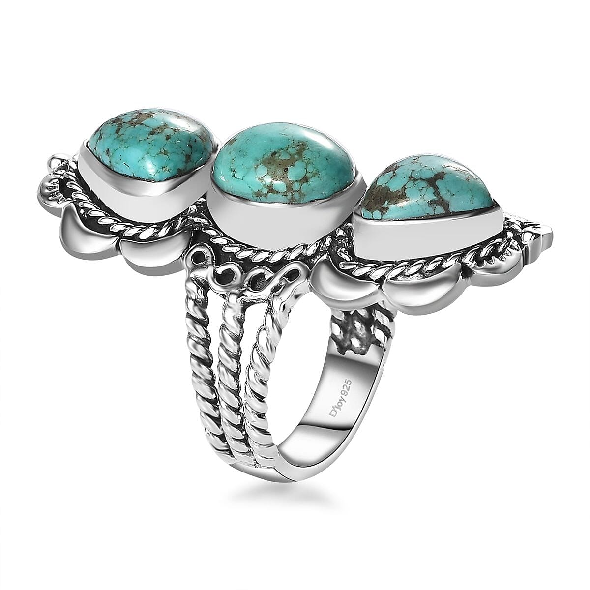 Artisan Crafted Sierra Nevada Turquoise 3 Stone Ring in Sterling Silver (Size 8.0) 7.10 ctw image number 3