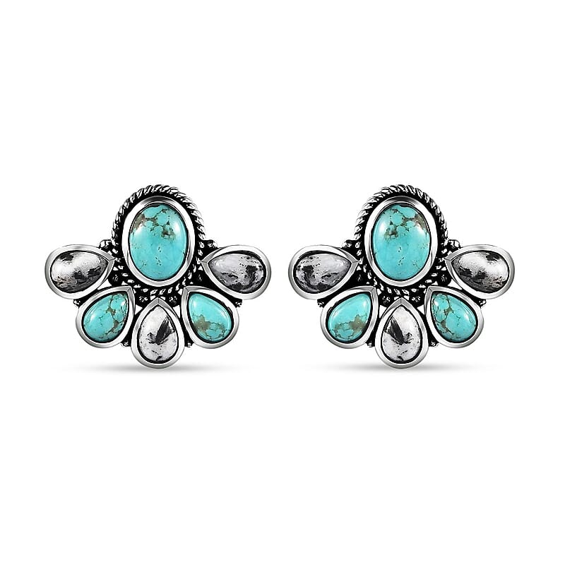 Artisan Crafted Sierra Nevada Turquoise and White Buffalo Stud Earrings in Sterling Silver 7.00 ctw